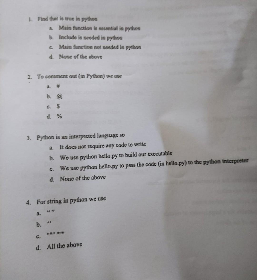 Solved 1. Find that is true in python a. Main function is | Chegg.com