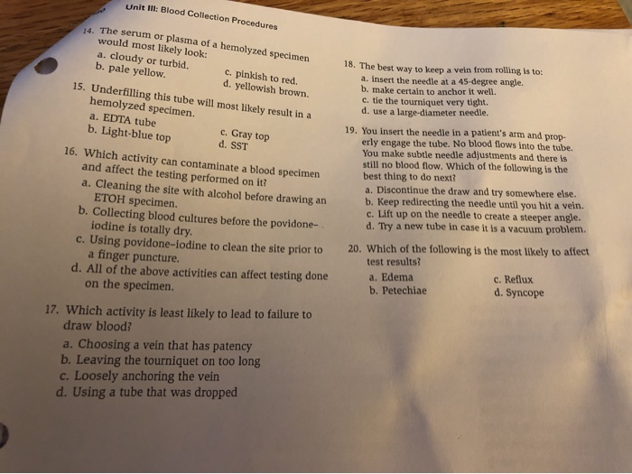 Solved Unit Ill Blood Collection Procedures 14. The serum