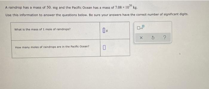 Solved A raindrop has a mass of 50. mg and the Pacific Ocean | Chegg.com