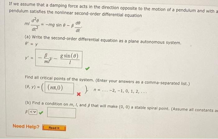 Solved If we assume that a damping force acts in the | Chegg.com