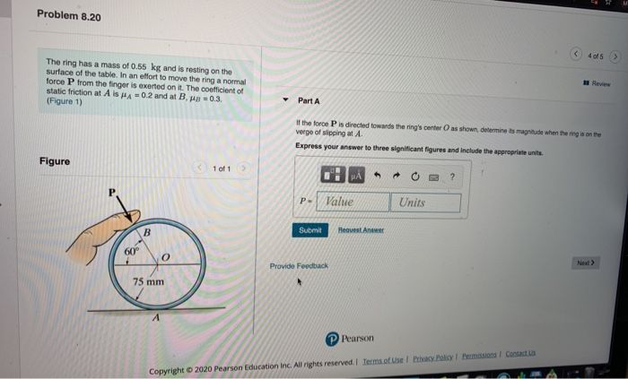 Solved Problem 8.20 of > The ring has a mass of 0.55 kg and | Chegg.com