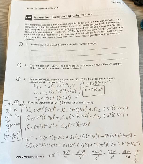 Solved Workbook Lesson 6.2: The Binomial Theorem Explore | Chegg.com