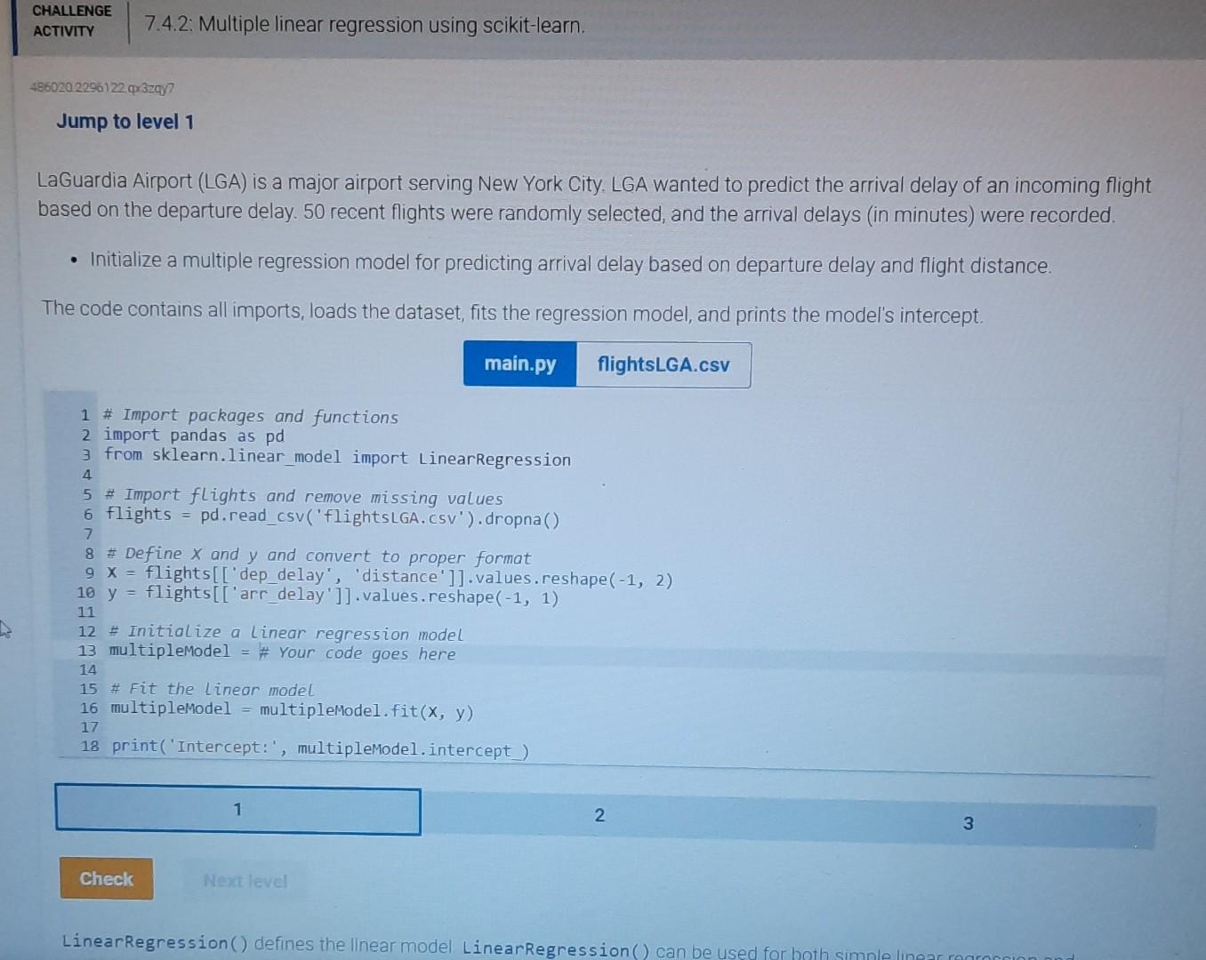 Solved CHALLENGE ACTIVITY 7.4.2: Multiple linear regression | Chegg.com
