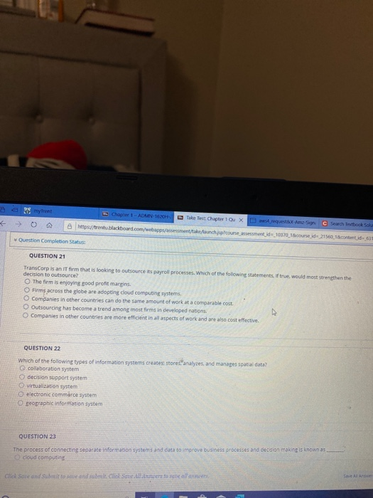 → 0 Chapter 1 - ADMIN-1620+ Metp://trentablackboard.com/webapp/m Take Test Chapter 1 ou X o uchouse est e C Search bock So me