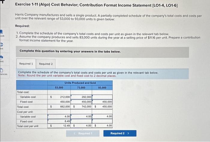 Solved Exercise 1-11 (Algo) Cost Behavior; Contribution | Chegg.com