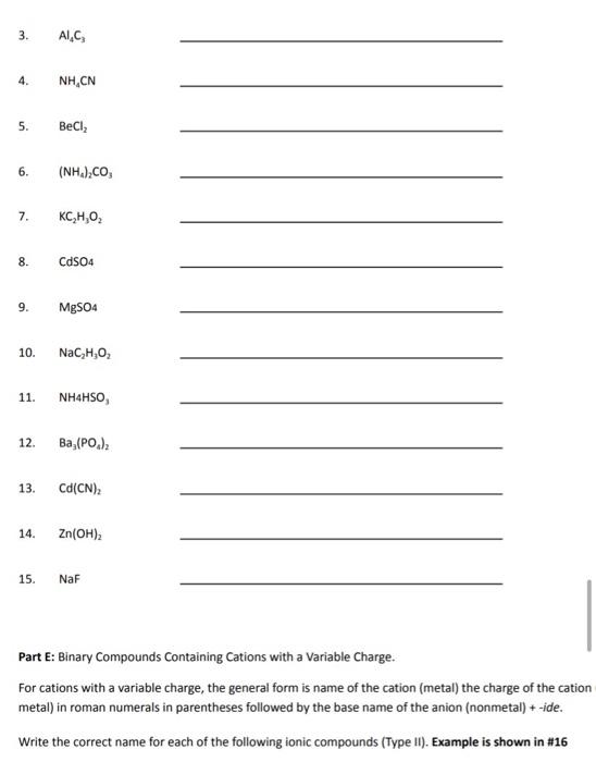 Solved Part E: Binary Compounds Containing Cations with a | Chegg.com