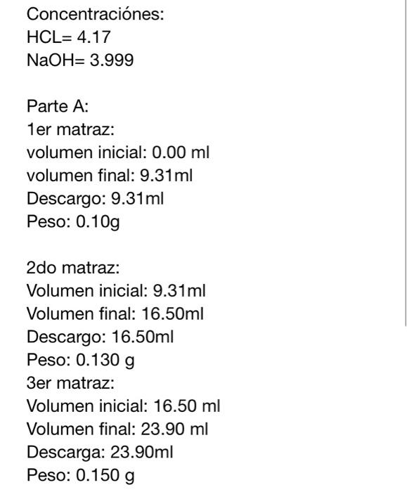 Concentraciónes: \[ \begin{array}{l} \mathrm{HCL}=4.17 \\ \mathrm{NaOH}=3.999 \end{array} \] Parte A: 1er matraz: volumen ini