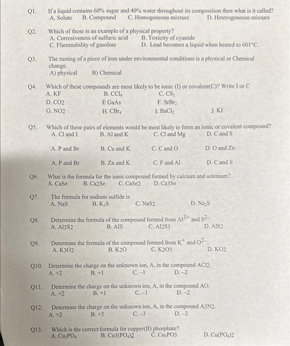 Solved Q1. If a liquid contains 60% sugar and 40% water | Chegg.com