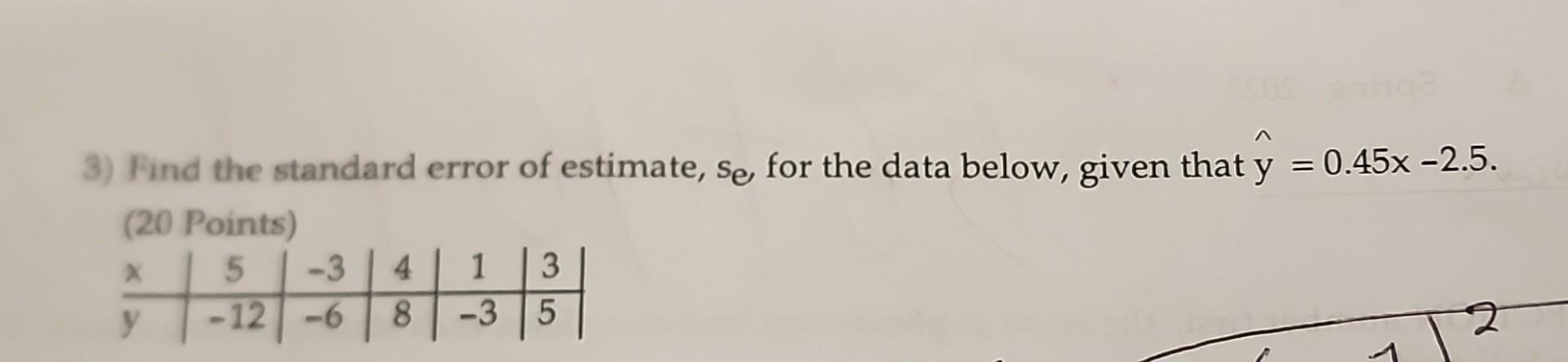 Solved 3) Find the standard error of estimate, se, for the | Chegg.com