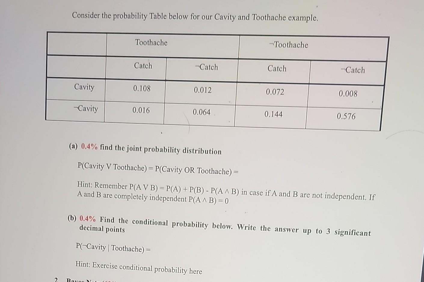 Probability Table Problem Example Solved Consider the probability Table below for our Cavity | Chegg.com