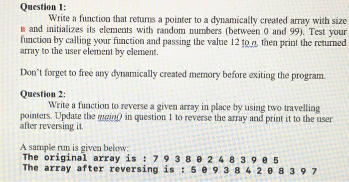 Solved Question 1: Write a function that returns a pointer | Chegg.com