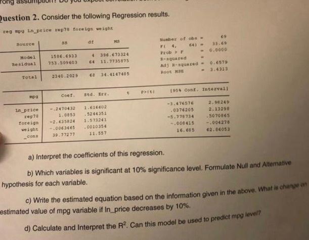 Solved Question 2. Consider the following Regression | Chegg.com