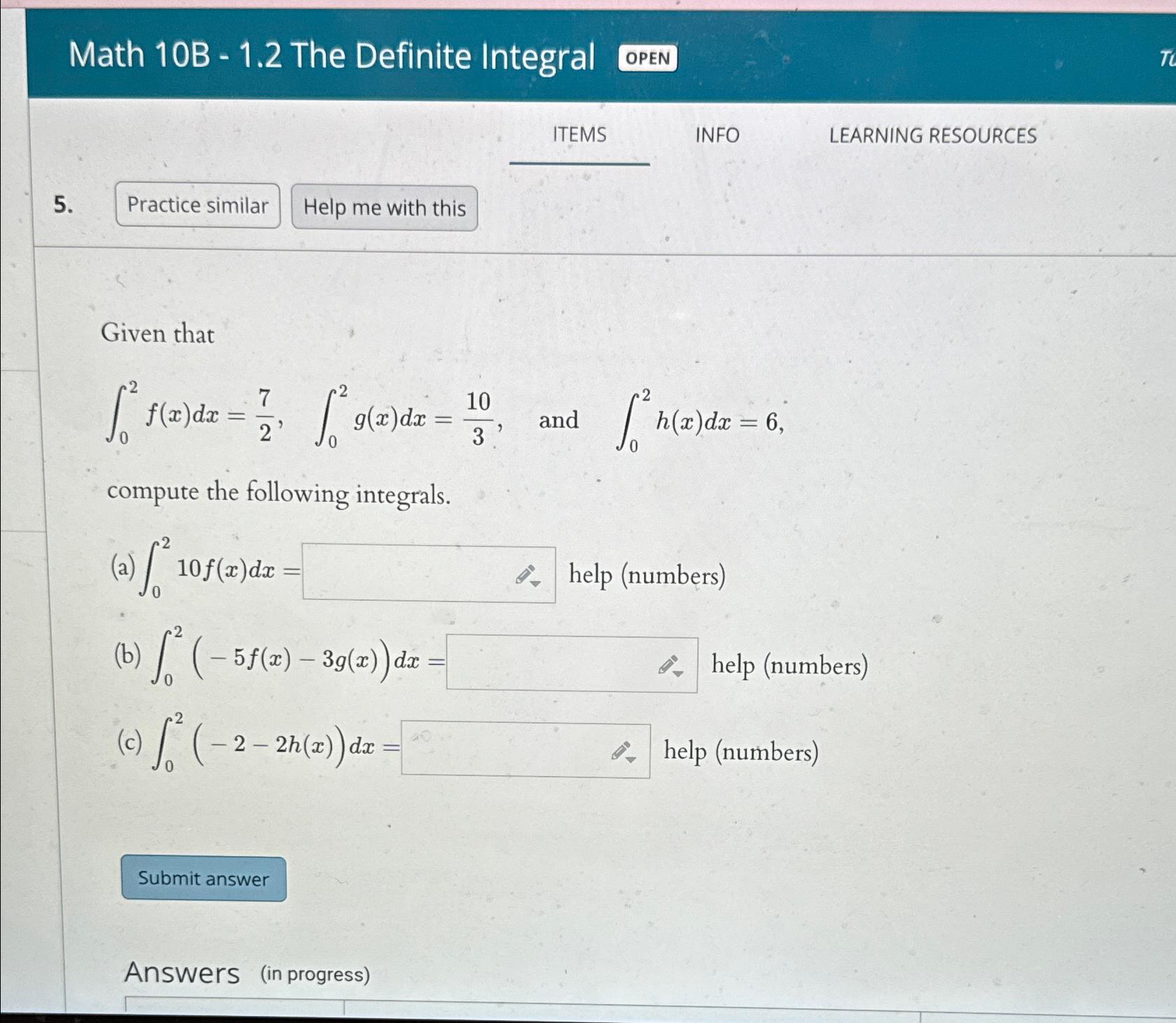 Solved Math 10B - 1.2 The Definite | Chegg.com