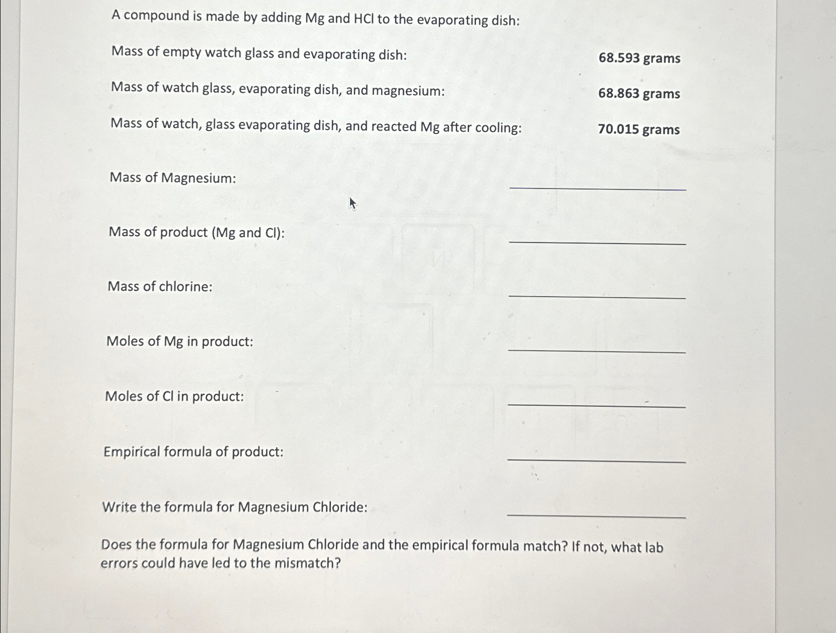 Solved A compound is made by adding Mg ﻿and HCl ﻿to the | Chegg.com