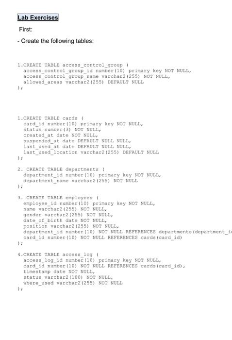 Lab Exercises First: - Create the following tables: | Chegg.com