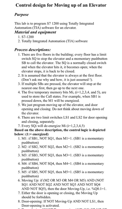Control design for Moving up of an Elevator Purpose | Chegg.com