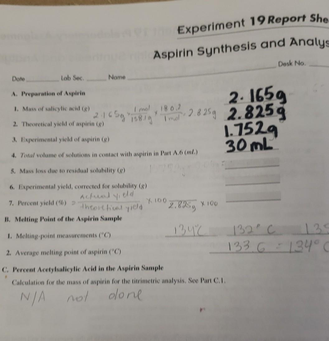 Experiment 19 Report She Aspirin Synthesis And Analys Chegg 