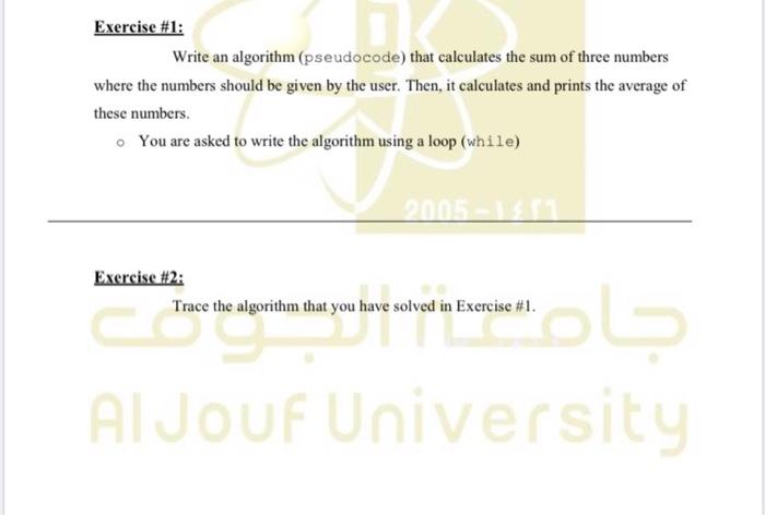 Solved Exercise #1: Write an algorithm (pseudocode) that | Chegg.com