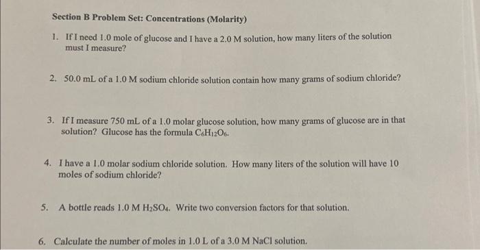 Solved Section B Problem Set: Concentrations (Molarity) 1. | Chegg.com