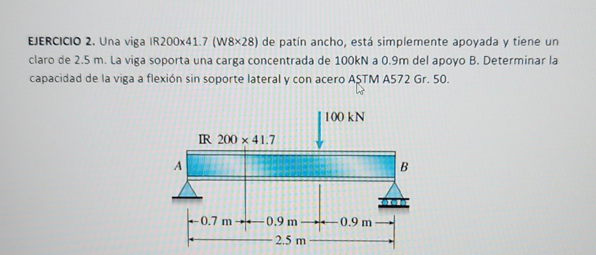 EJERCICIO 2. Una viga IR200x41.7 (W8×28) de patín ancho, está simplemente apoyada y tiene un claro de \( 2.5 \mathrm{~m} \).