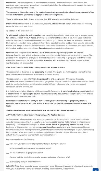 OVERVIEW: The AGP assignment is a written essay | Chegg.com