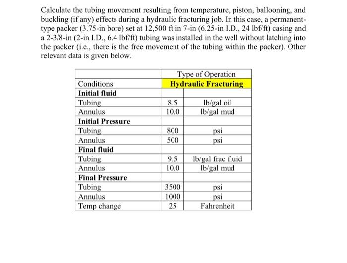 Solved Calculate the tubing movement resulting from