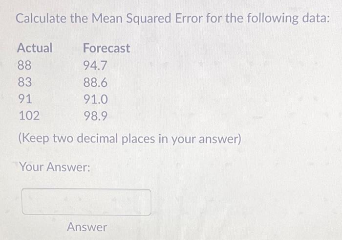 Solved Calculate the Mean Squared Error for the following | Chegg.com