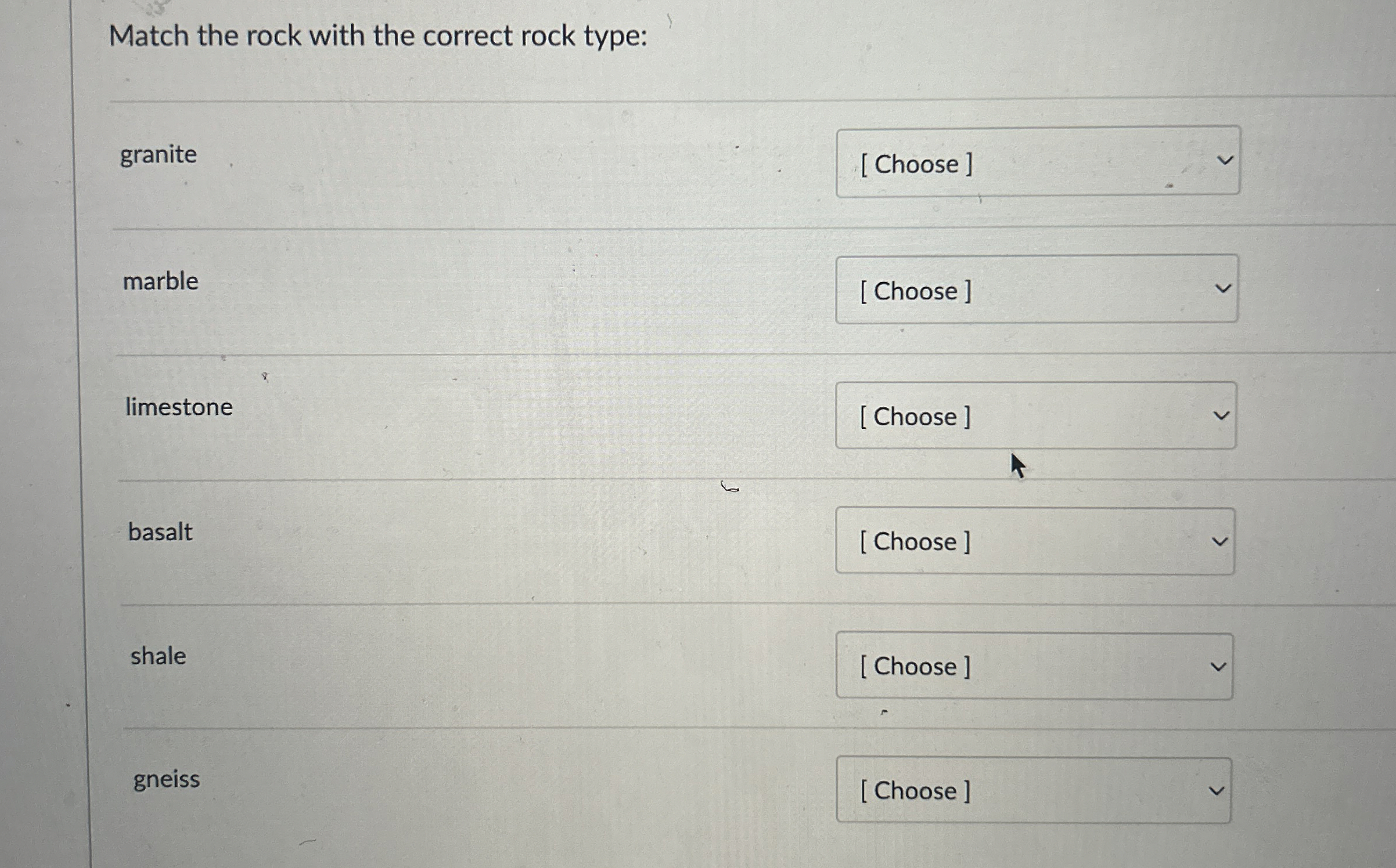 Solved Match the rock with the correct rock | Chegg.com