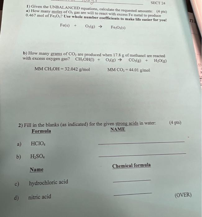 Solved 1) Given The UNBALANCED Equations, Calculate The | Chegg.com