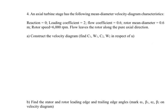 Solved 4. An axial turbine stage has the following | Chegg.com
