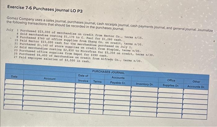 Solved Exercise 7-6 Purchases journal LO P3 Gomez Company | Chegg.com