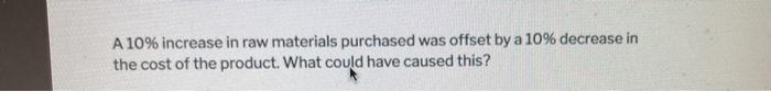 Solved A 10% increase in raw materials purchased was offset | Chegg.com