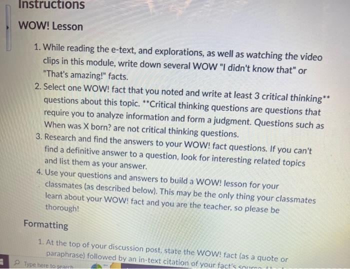 The WOW discussion is an opportunity to share with | Chegg.com
