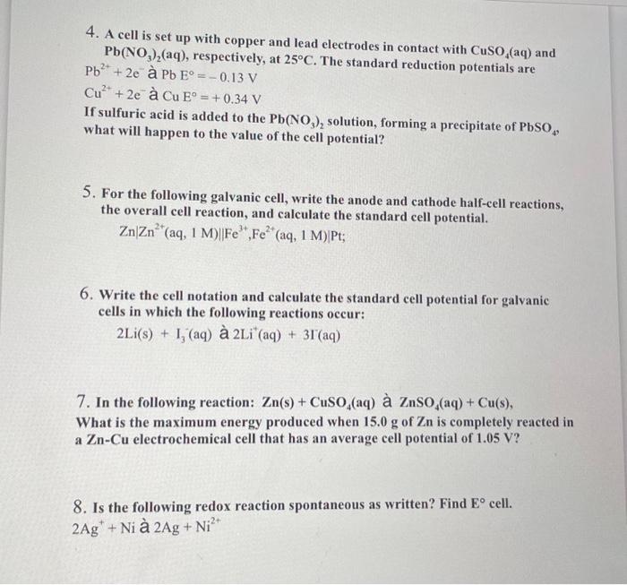 Solved 4. A cell is set up with copper and lead electrodes | Chegg.com
