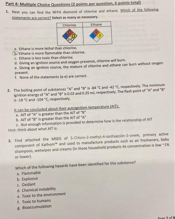 Solved 1. Next you can find the NFPA diamond of chlorine and