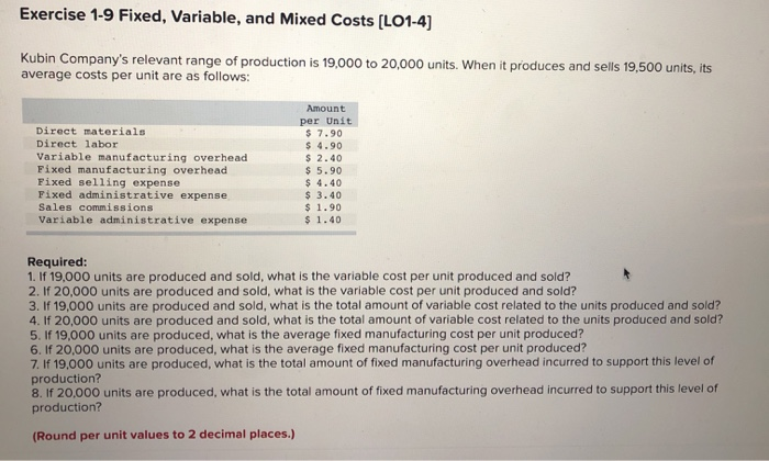 Solved Exercise 1 9 Fixed Variable And Mixed Costs Lo1 4 7821