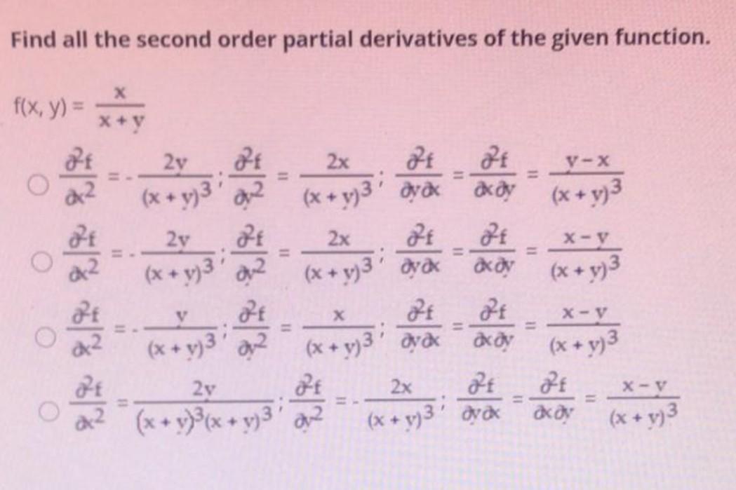 Solved Find All The Second Order Partial Derivatives Of The