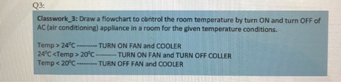 Q3: Classwork_3: Draw a flowchart to control the room temperature by turn ON and turn OFF of AC (air conditioning) appliance