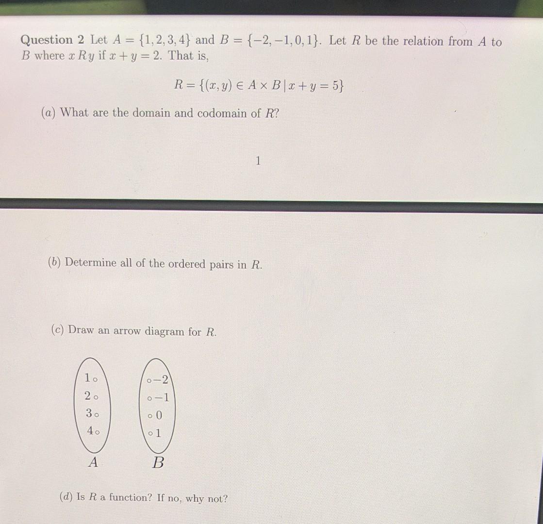 Solved Question 2 Let A={1,2,3,4} and B={−2,−1,0,1}. Let R | Chegg.com