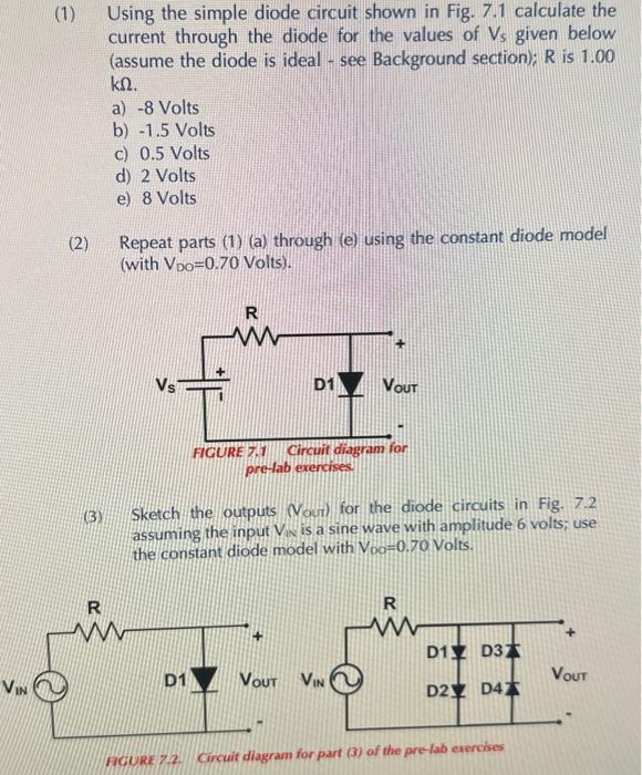 (1) Using the simple diode circuit shown in Fig. 7.1 calculate the current through the diode for the values of \( V_{s} \) gi