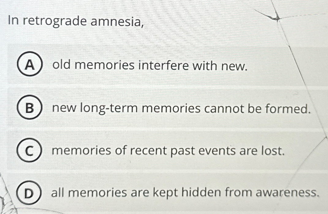 Solved In retrograde amnesia,old memories interfere with