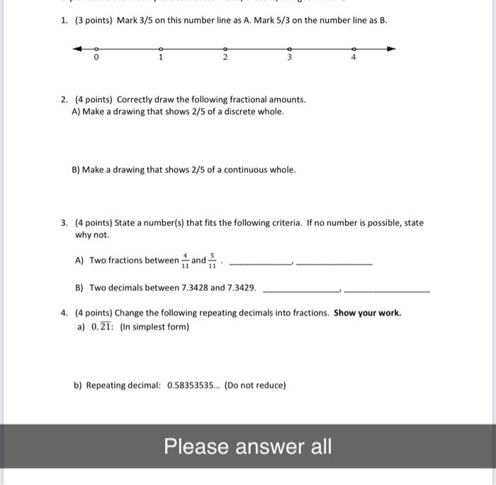 Solved 1. (3 points) Mark 3/5 on this number line as A. Mark | Chegg.com