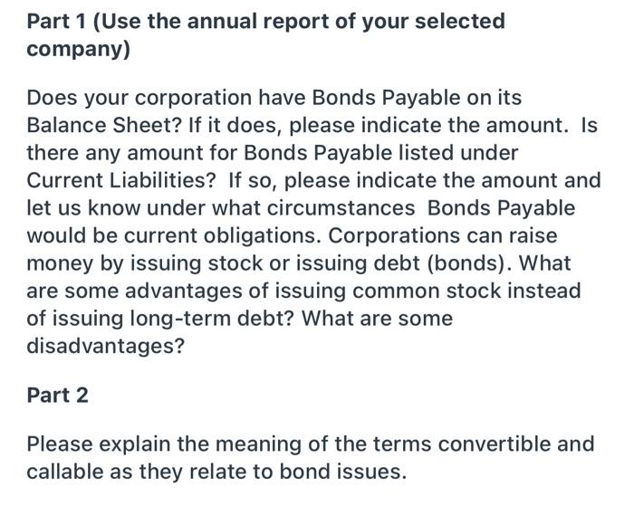 Solved Part 1 Use The Annual Report Of Your Selected Chegg