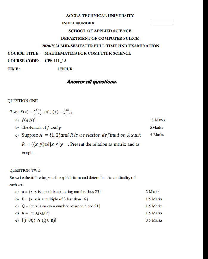 Solved Accra Technical University Index Number School Of Chegg Com