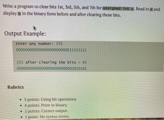 Solved Write a program to clear bits 1st, 3rd, 5th, and 7th | Chegg.com