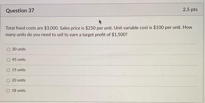 Solved Question 37 2.5 pts Total fixed costs are $3,000. | Chegg.com