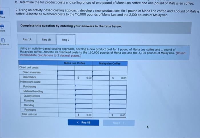 b. Determine the full product costs and selling prices of one pound of Mona Loa coffee and one pound of Malaysian coffee.
2. 