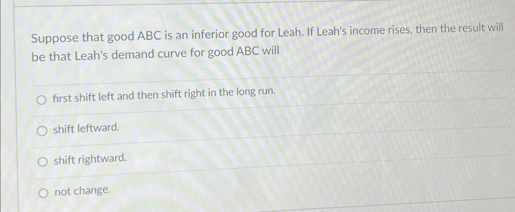 Solved Suppose that good ABC is an inferior good for Leah. | Chegg.com