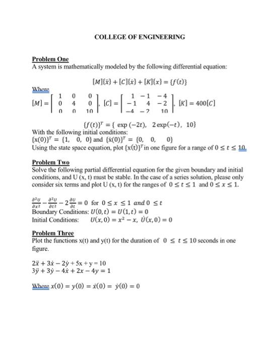 Solved Problem One A system is mathematically modeled by the | Chegg.com