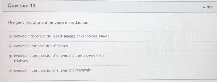 Solved Question 13 4 pts The gene recruitment for venom | Chegg.com